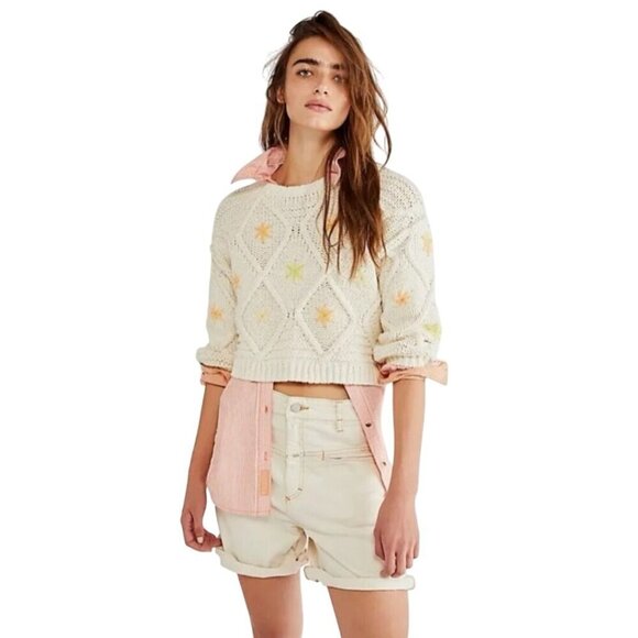 Free People Maise Cropped Pullover Embroidered  Cable Knit Sweater Size S - Picture 1 of 7